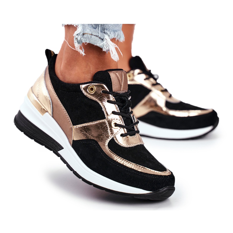 Vinceza Chaussures de sport pour femmes en cuir noir et or 21-7777 le noir d'or Vinceza Chaussures de sport pour femmes en cuir noir et or 21-7777 le noir d'or