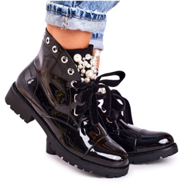 SEA Bottes chaudes pour femmes avec perles et ruban, laquées Perla noir