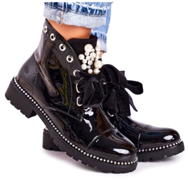 SEA Bottes chaudes pour femmes avec perles, jets et ruban, vernies Perla noir