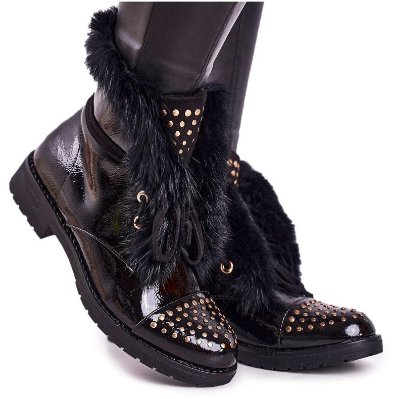 SEA Bottes Chaudes Femme Avec Strass Et Fourrure, Laqué Glam le noir