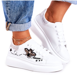 Chaussures De Sport Pour Femmes Baskets Avec Mouche Blanc Argent Amour