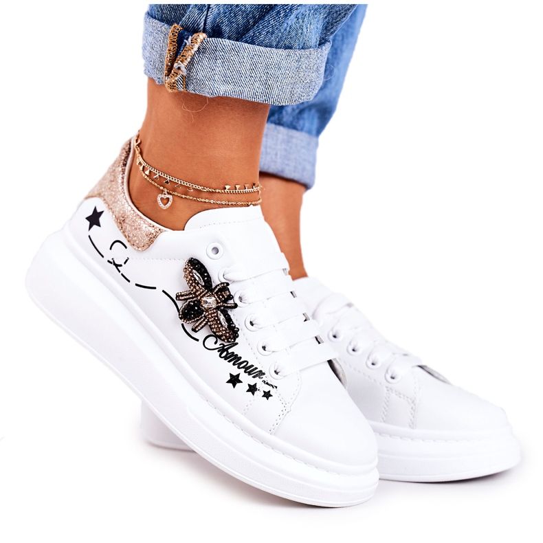 Chaussures De Sport Femme Baskets Avec Mouche Blanche Doré Amour