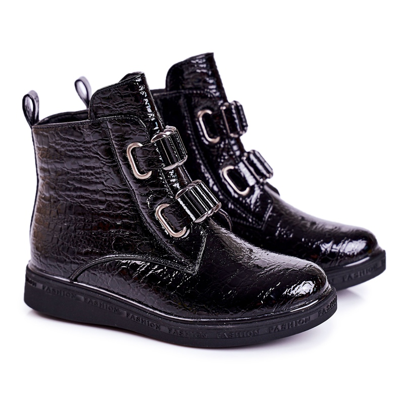 PL1 Bottines Chaudes Enfant Laquées Noir Motif Animal Maya le noir