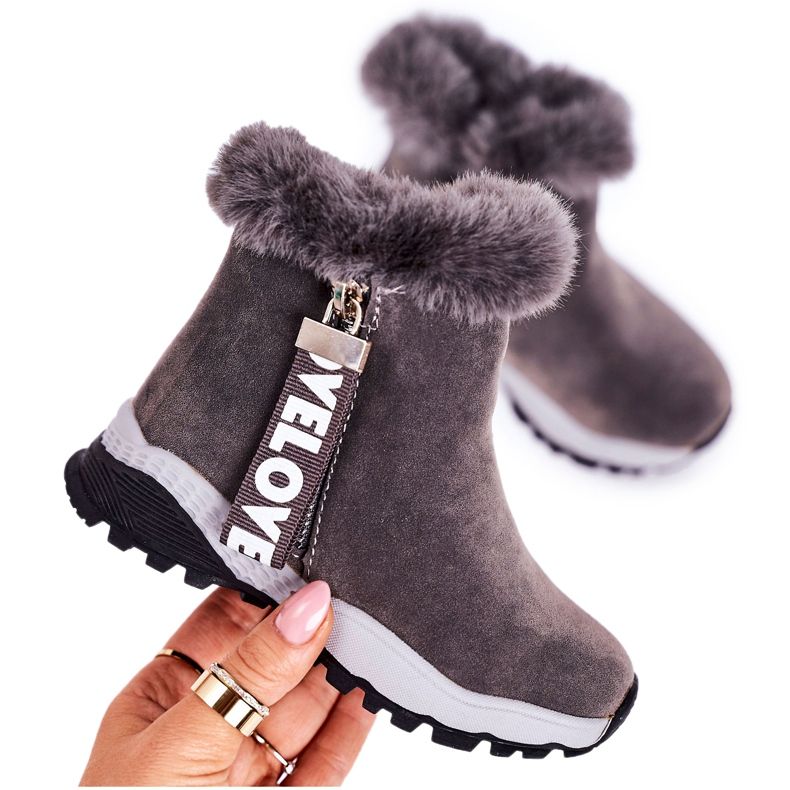 Linshi Bottes de neige chaudes pour enfants avec fourrure Gris Love-Love