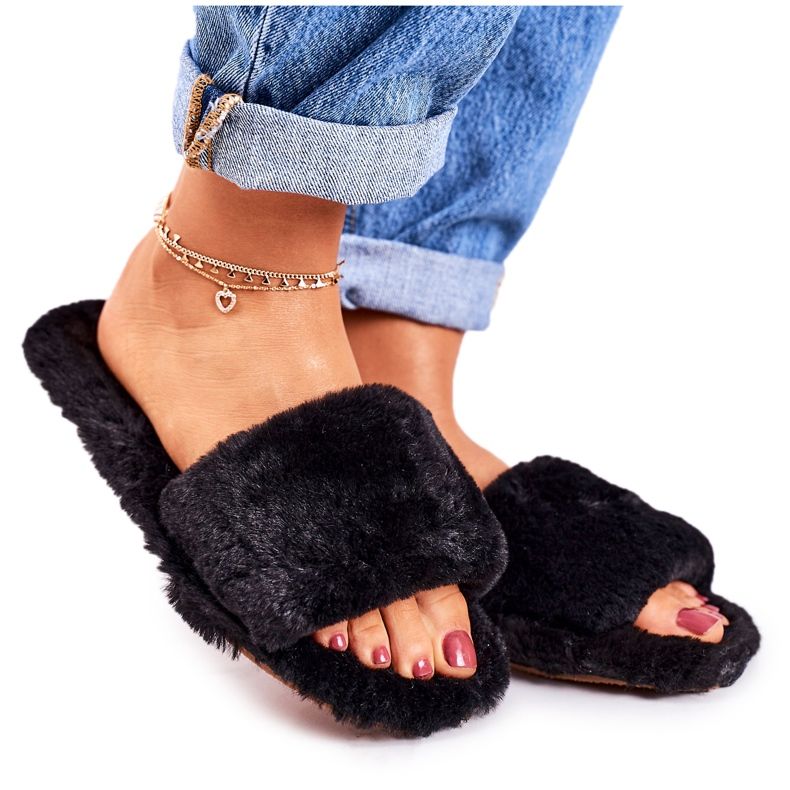 FJ1 Pantoufles En Fourrure Noires Pour Femmes Cold Days le noir