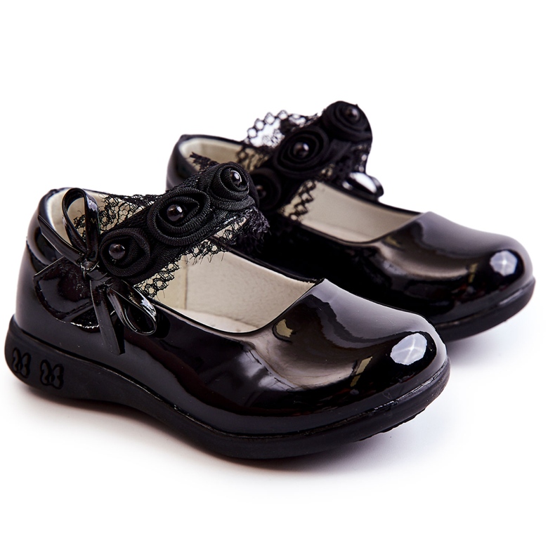 Apawwa Ballerines pour enfants avec Velcro Avec Dentelle Noir Evelyn
