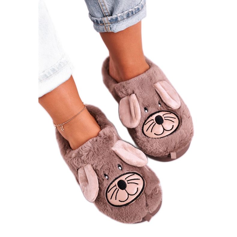JOMIX Chaussons Souris Femme Beiges en Fourrure Home Sweet Home brun