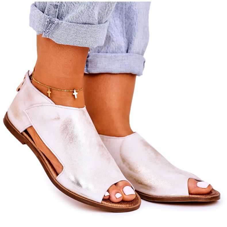 Nicole Sandales Plates En Cuir Femme Blanc Natalie blanche d'or