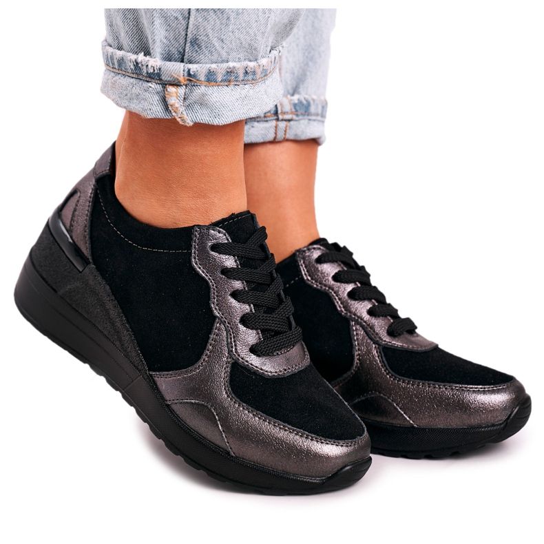 S.Barski Baskets Compensées En Cuir Femme Noir Roxette le noir multicolore argent