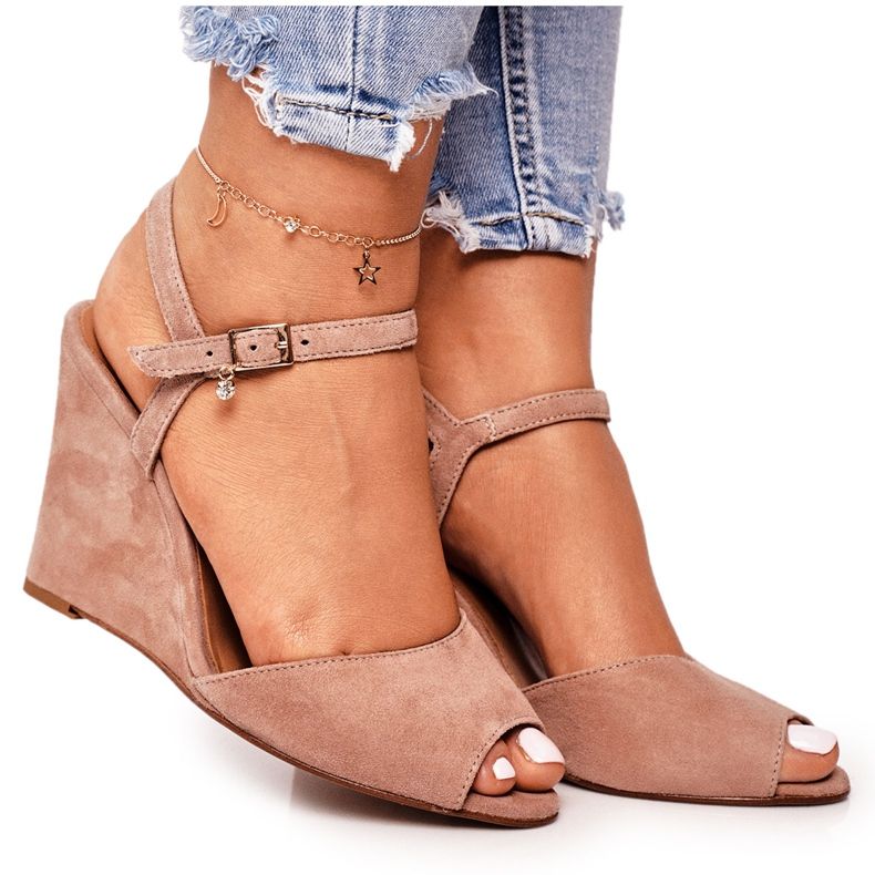 Sandales Compensées En Daim Laura Messi 2253 Rose Poudre