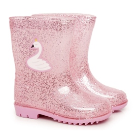 Galoches de brocart pour enfants avec un cygne rose argent Galoches de brocart pour enfants avec un cygne rose argent