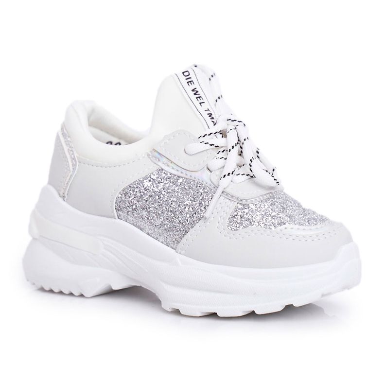 FRROCK Chaussures de sport pour enfants avec brocart argent Matylda blanche gris