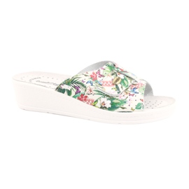Comfooty Flip en cuir pour femmes -flops avec des fleurs blanche
