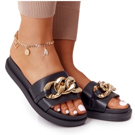 Pantoufles plates-formes de vacances noires avec chaîne doré