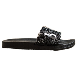 SHELOVET Belles pantoufles avec des cristaux noir