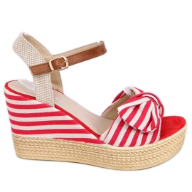 Sandales compensées à rayures rouges A89907 Rouge beige brun