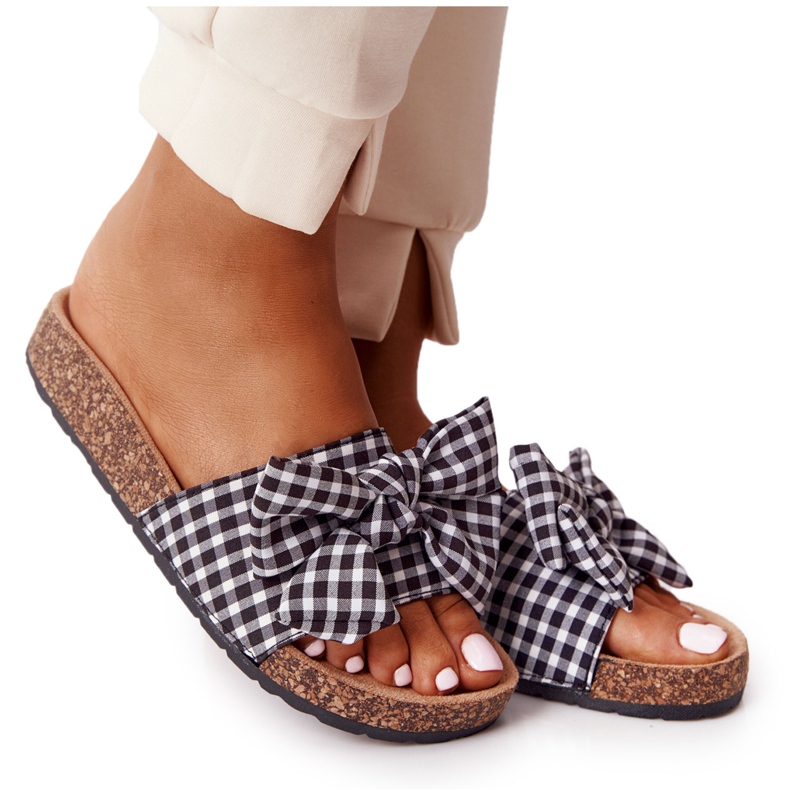 MSMG Chaussons sur semelle en liège avec nœud à carreaux Amara blanche le noir MSMG Chaussons sur semelle en liège avec nœud à carreaux Amara blanche le noir