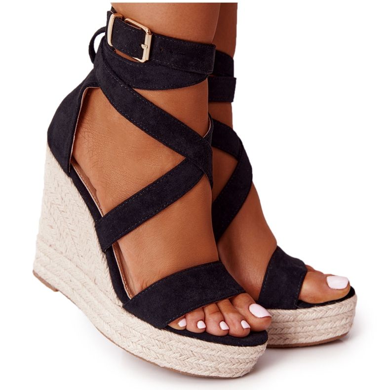 MSMG Sandales compensées noires Lanzarote avec tresses beige le noir
