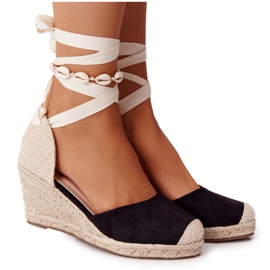 PG1 Sandales compensées noires nouées Nelly avec tresses beige le noir
