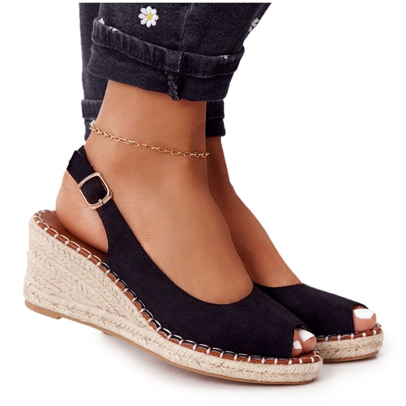 PG1 Sandales noires sur un coin avec tressé noir Las Palomas beige le noir