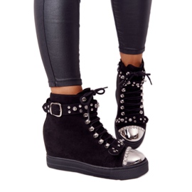 Bottes compensées noires Lu Boo en daim noir avec strass le noir