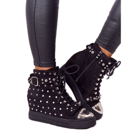 Bottes compensées noires Lu Boo en daim noir avec strass le noir