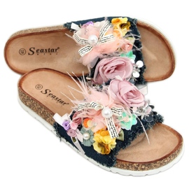 Chaussons en liège avec fleurs BG61P Bleu Foncé bleu marine multicolore