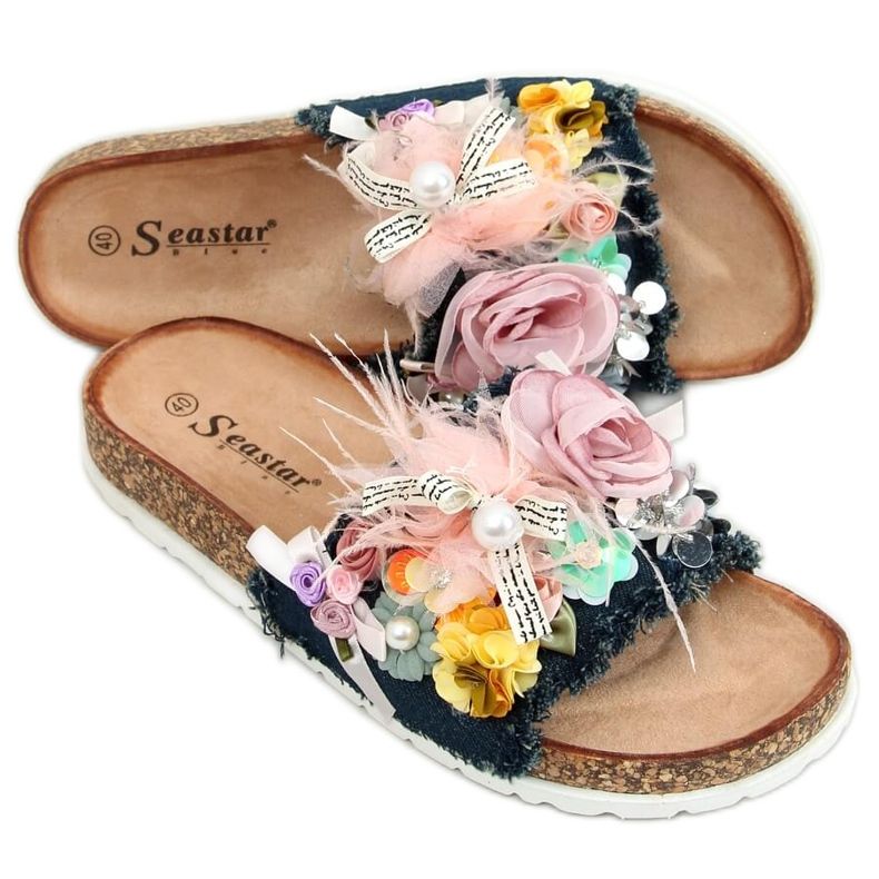 Chaussons en liège avec fleurs BG61P Bleu Foncé bleu marin multicolore