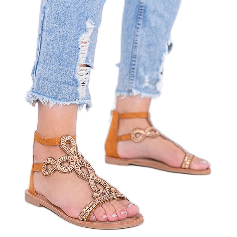Sandales camel ornées d'oxydes de zirconium Cersi brun