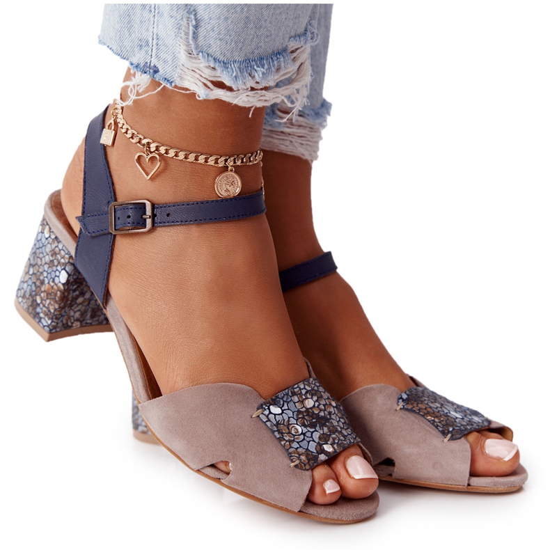 Sandales Talons Hauts Cuir Maciejka 04120-43 Beige-Bleu Marine