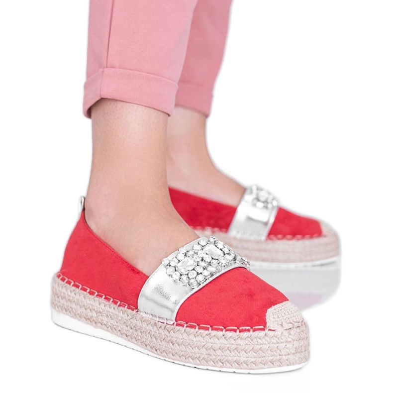 Espadrilles rouges avec pierres Cher argent
