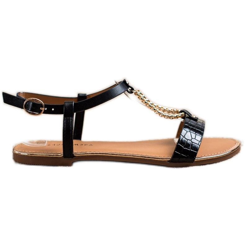 Laura Mode Sandales avec une chaîne décorative le noir