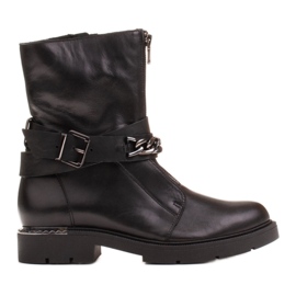 Marco Shoes Bottines en cuir avec chaîne, boucle et fermeture éclair. Trappeurs noir