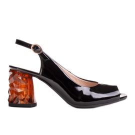 Marco Shoes Sandales laquées noires à talon ambre 3D