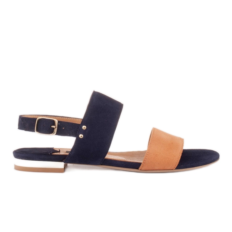 Marco Shoes Sandales plates en daim naturel à talon métallisé beige bleu marin