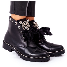 PS1 Bottines Chaudes Avec Perles Métalliques, Strass Et Ruban Noir Perla