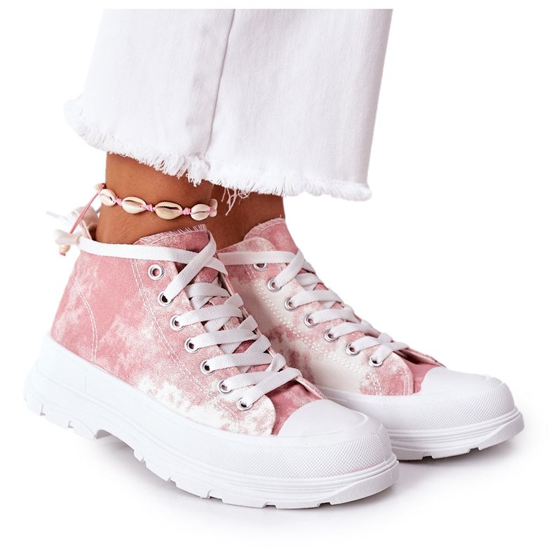 FJ1 Baskets Hautes Roses Sur Grande Semelle Avec Effet Trissy Tie-Dye blanche