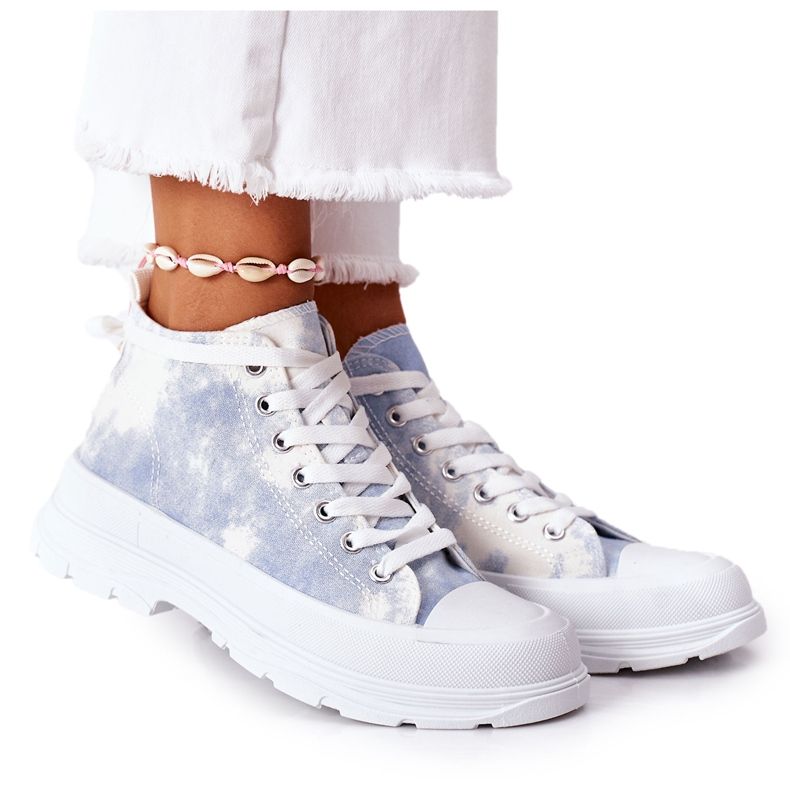 FJ1 Sneakers Hautes Sur Une Grande Semelle Bleue Avec Un Effet Trissy Tie-Dye blanche