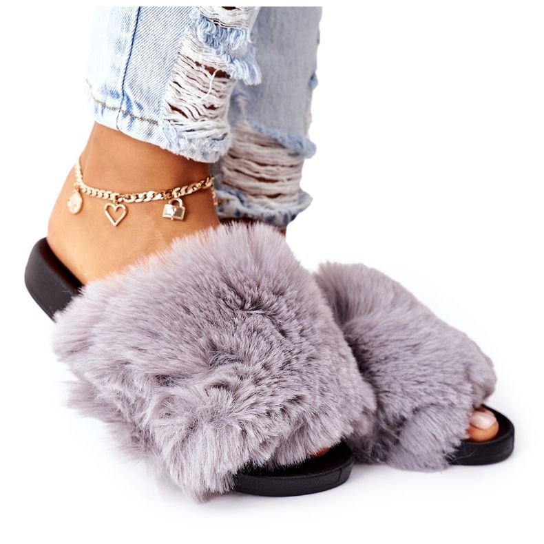 FJ1 Chaussons En Caoutchouc Avec Fourrure Gris Doux