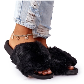 FJ1 Pantoufles En Caoutchouc Doux Noir Avec Fourrure