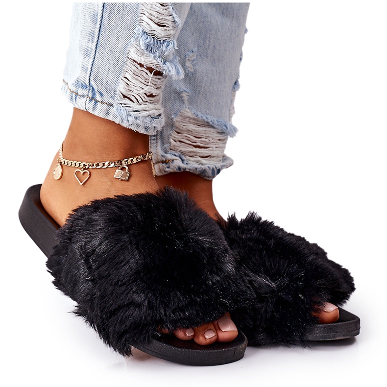 FJ1 Pantoufles En Caoutchouc Doux Noir Avec Fourrure le noir