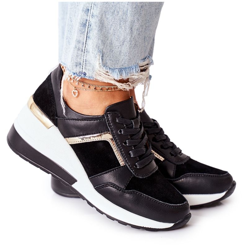 S.Barski Baskets Compensées En Cuir Pour Femmes Noir Blanc Manitoba le noir
