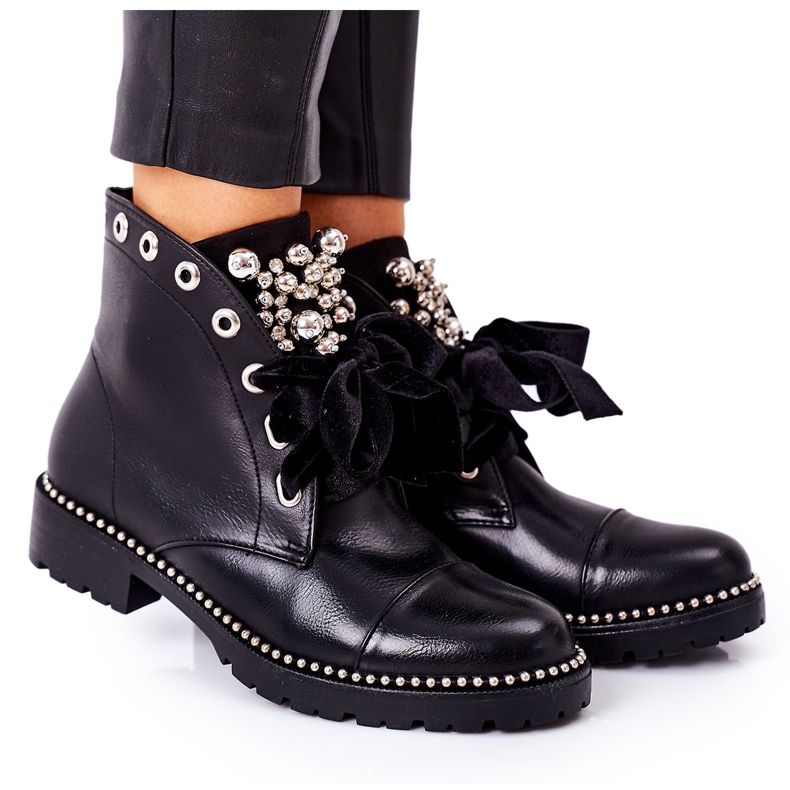PS1 Bottines Chaudes Avec Perles Métalliques, Strass Et Ruban Noir Perla le noir