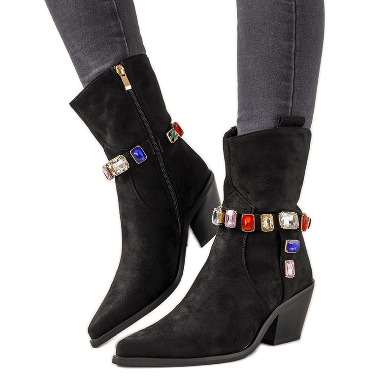Bottes de cowboy noires avec des pierres colorées de Mabella le noir