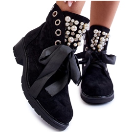 Bottines En Daim Avec Perles Et Ruban Perla Noir