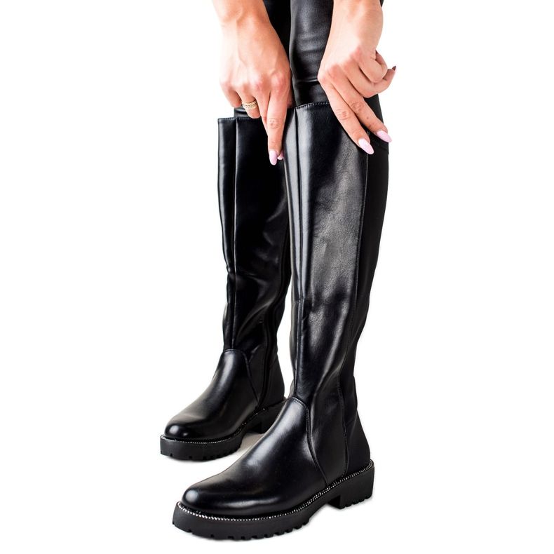 Bella Star Bottes en cuir écologique avec zircone cubique le noir