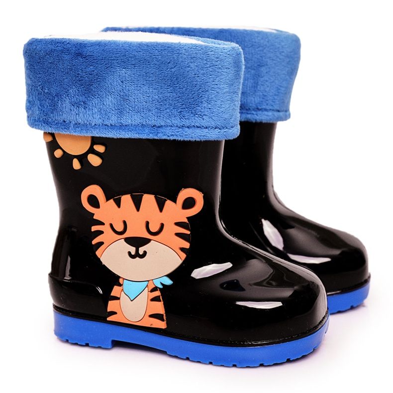 Bottes de pluie chaudes noires pour enfants avec un tigre le noir bleu orange Bottes de pluie chaudes noires pour enfants avec un tigre le noir bleu orange