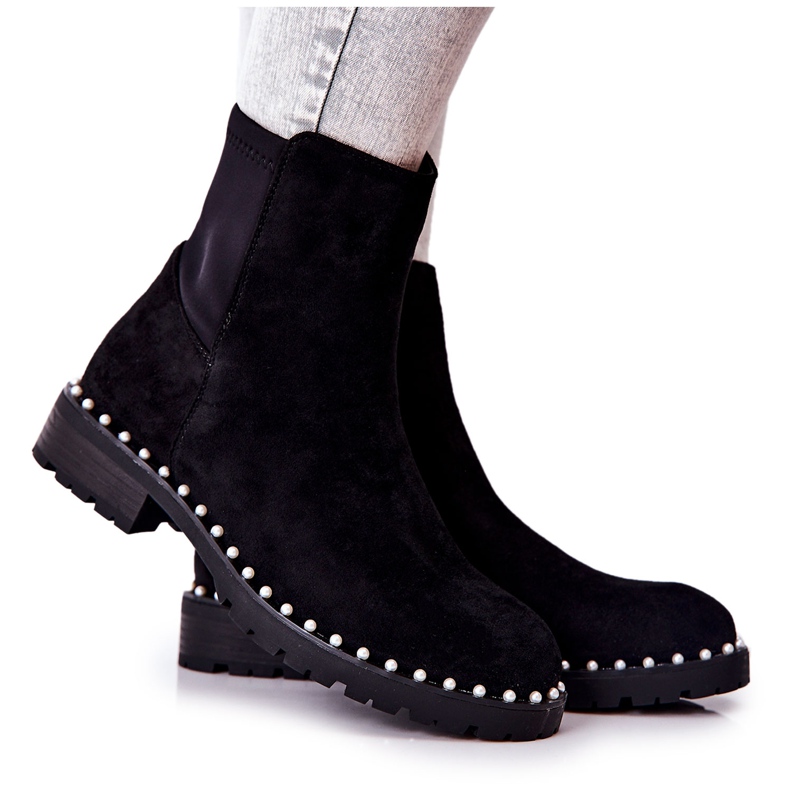 Bottines Venie en daim noires avec perles le noir