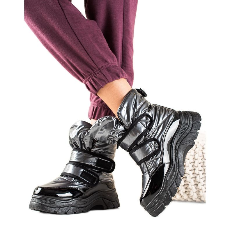 TRENDI Bottes de neige brillantes avec velcro le noir argent