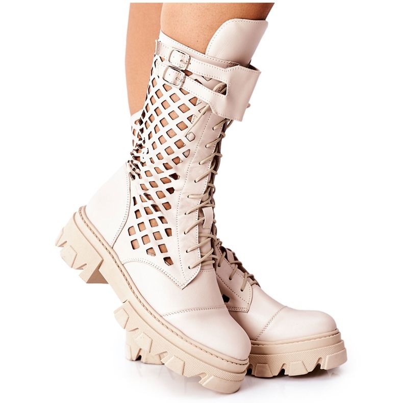 PA2 Bottes En Cuir Ajourées Femme Trappers Hootie Beige PA2 Bottes En Cuir Ajourées Femme Trappers Hootie Beige